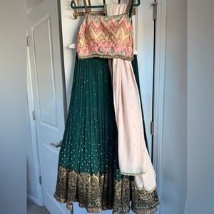 Green and Pink Embroidered Lengha Set